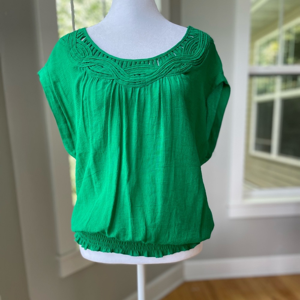 Forever 21 Emerald Green Embroidered Blouse Size Small Vintage Y2K